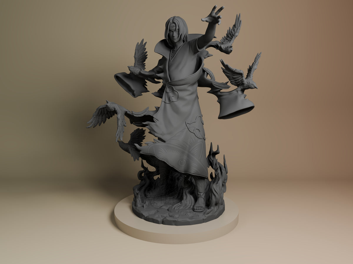 Front view shows Cloaked Ninja from Ninja Anime, an unpainted resin figure with birds and base.