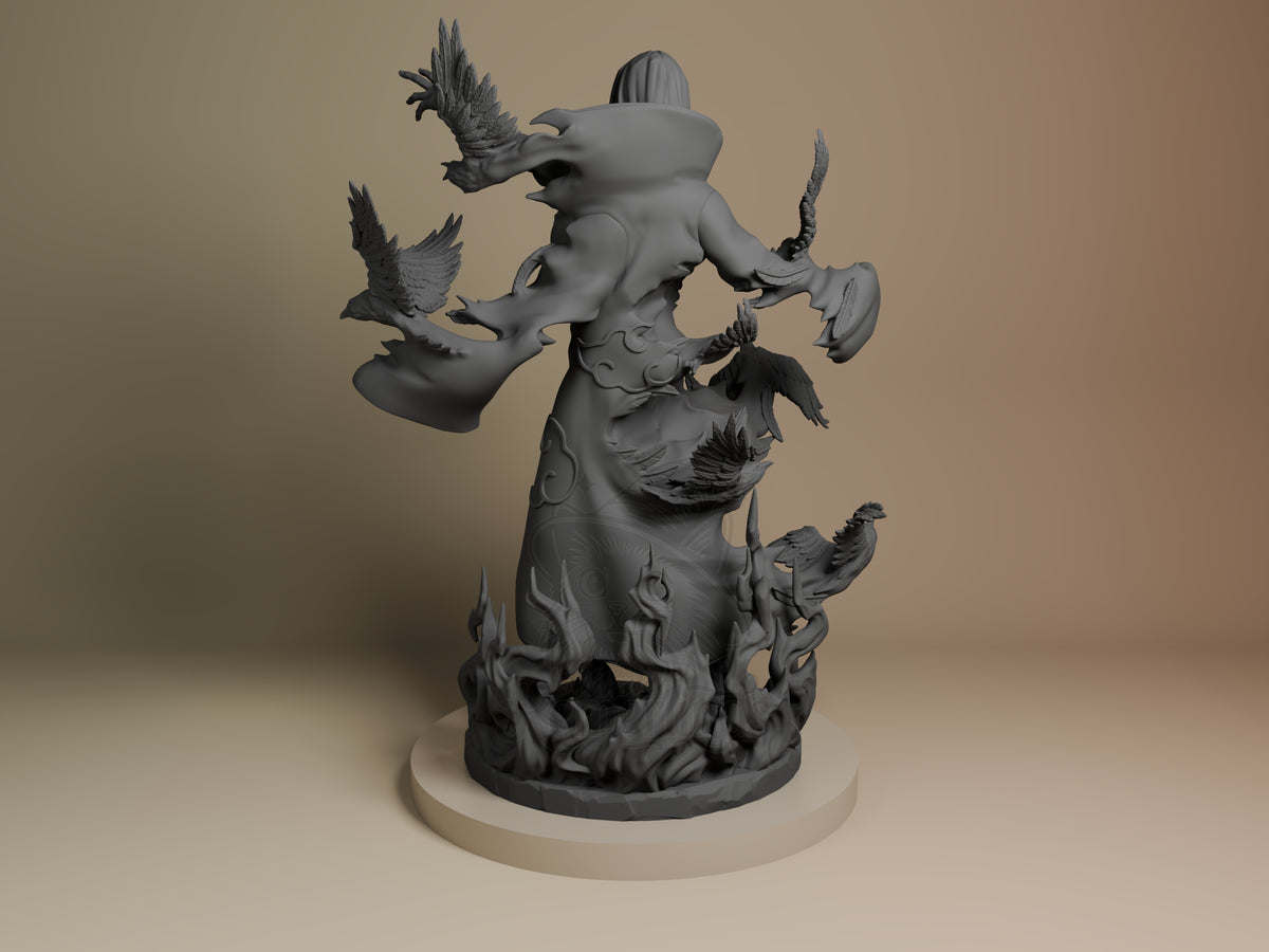 Left-angle view of the unpainted Cloaked Ninja resin figure from Ninja Anime, posed on a sculpted bird base.