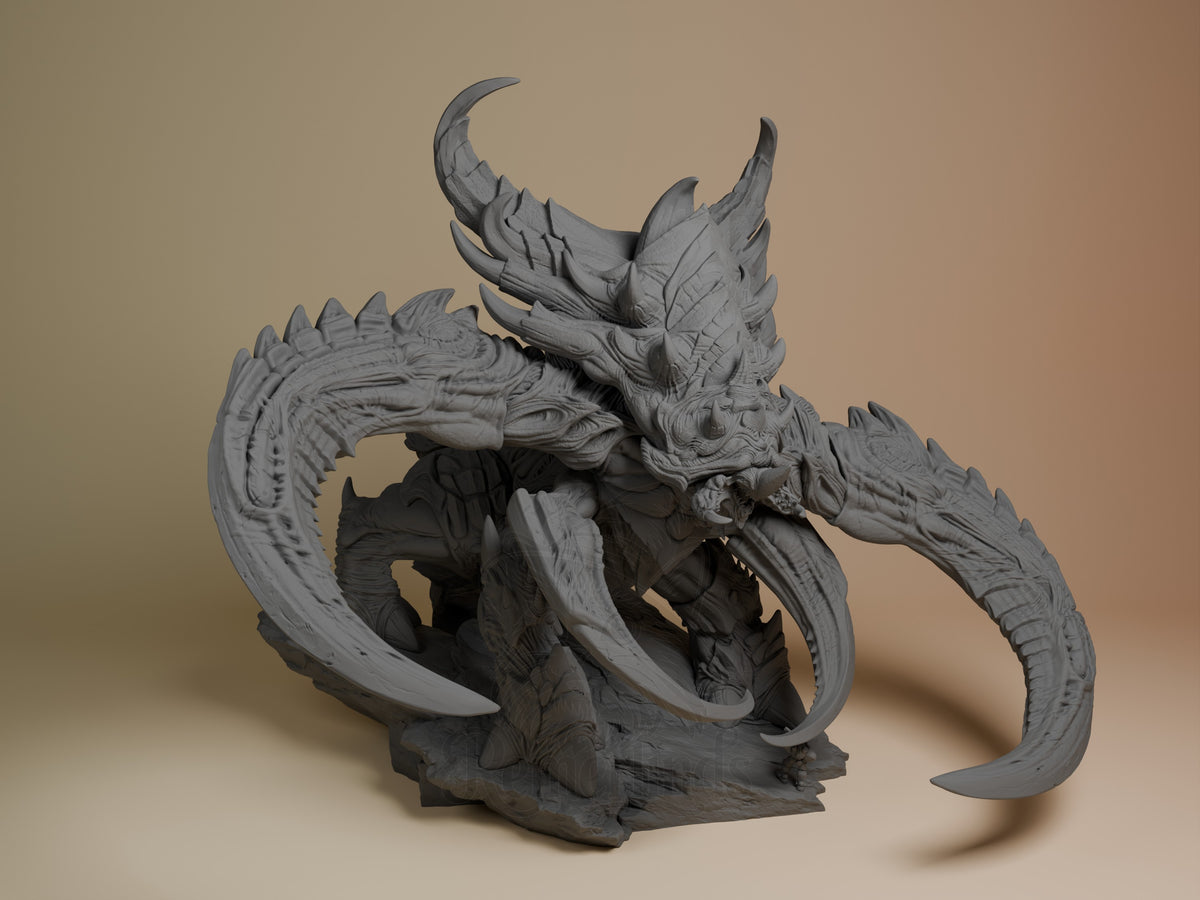 Gray resin Ultralisk figure from StarCraft II shown from front angle, displaying curved horns, textured carapace, and curved blade limbs on dark base.