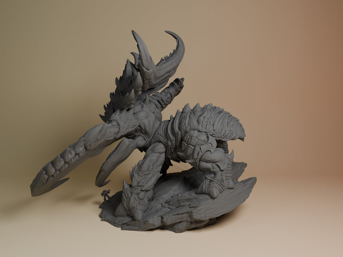 Unpainted gray resin Ultralisk figure from StarCraft II shown from left angle, displaying detailed carapace, raised tentacles, and textured base with tiny soldier figurine for scale.