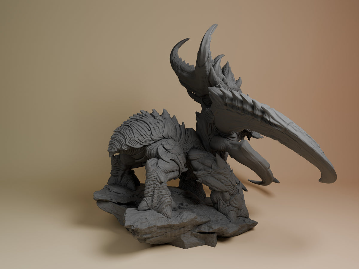 Gray resin Ultralisk figure from StarCraft II shown from the right side, displaying raised spiked carapace and curved horns on rocky base.