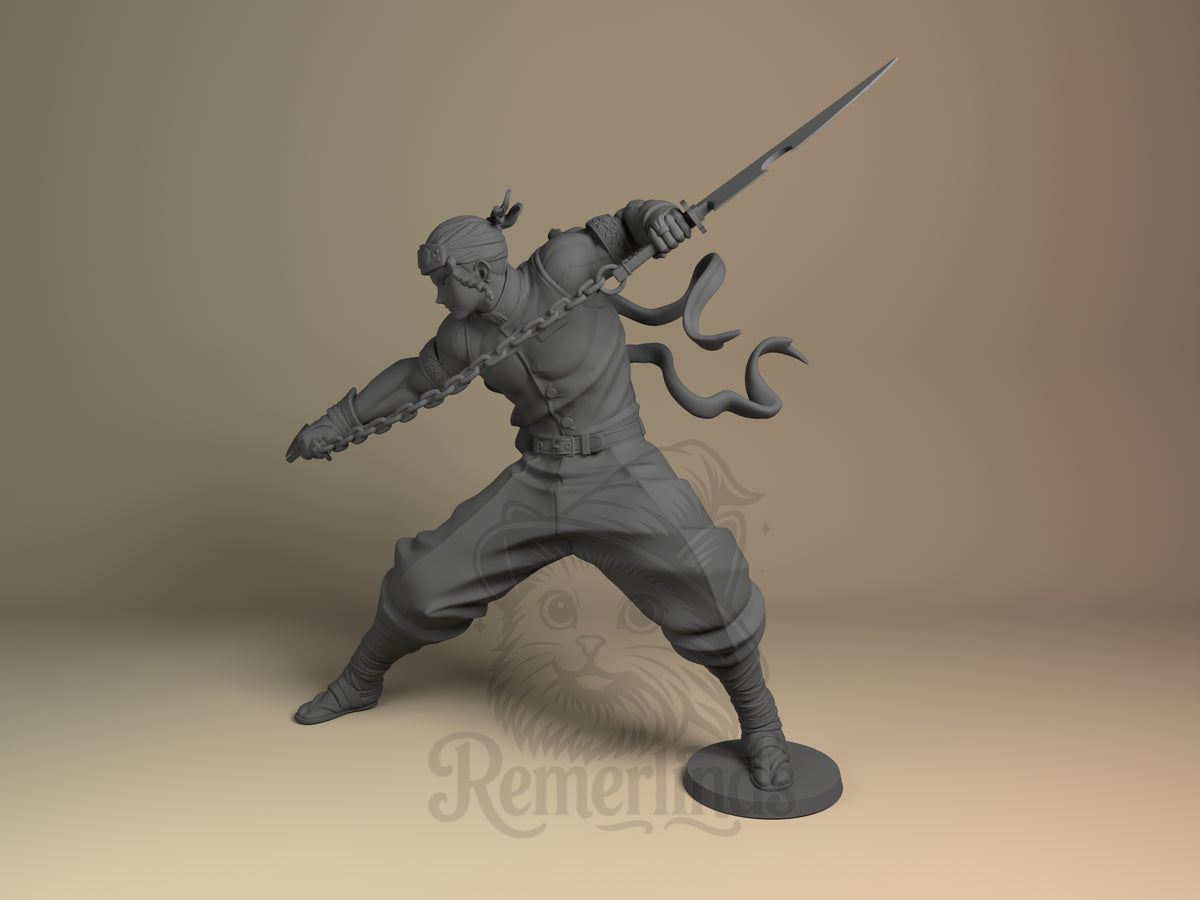Unpainted resin figure of Uzui Tengen from Demon Slayer lunges with chained blades on a base.
