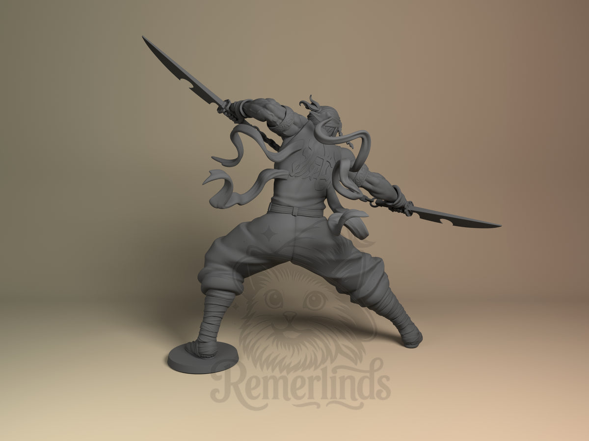 Rear three-quarter view of unpainted Uzui Tengen resin figure from Demon Slayer, dual swords and round base.