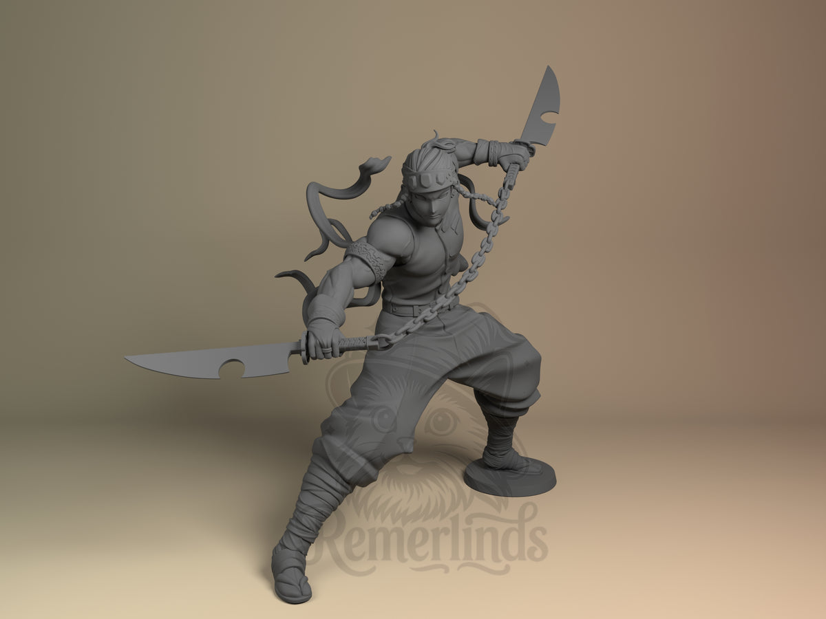 Front-view Uzui Tengen from Demon Slayer resin figure in a wide battle pose with dual blades.
