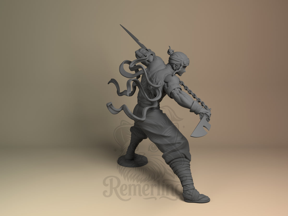 Unpainted resin figure of Uzui Tengen from Demon Slayer lunges right with chained cleavers.