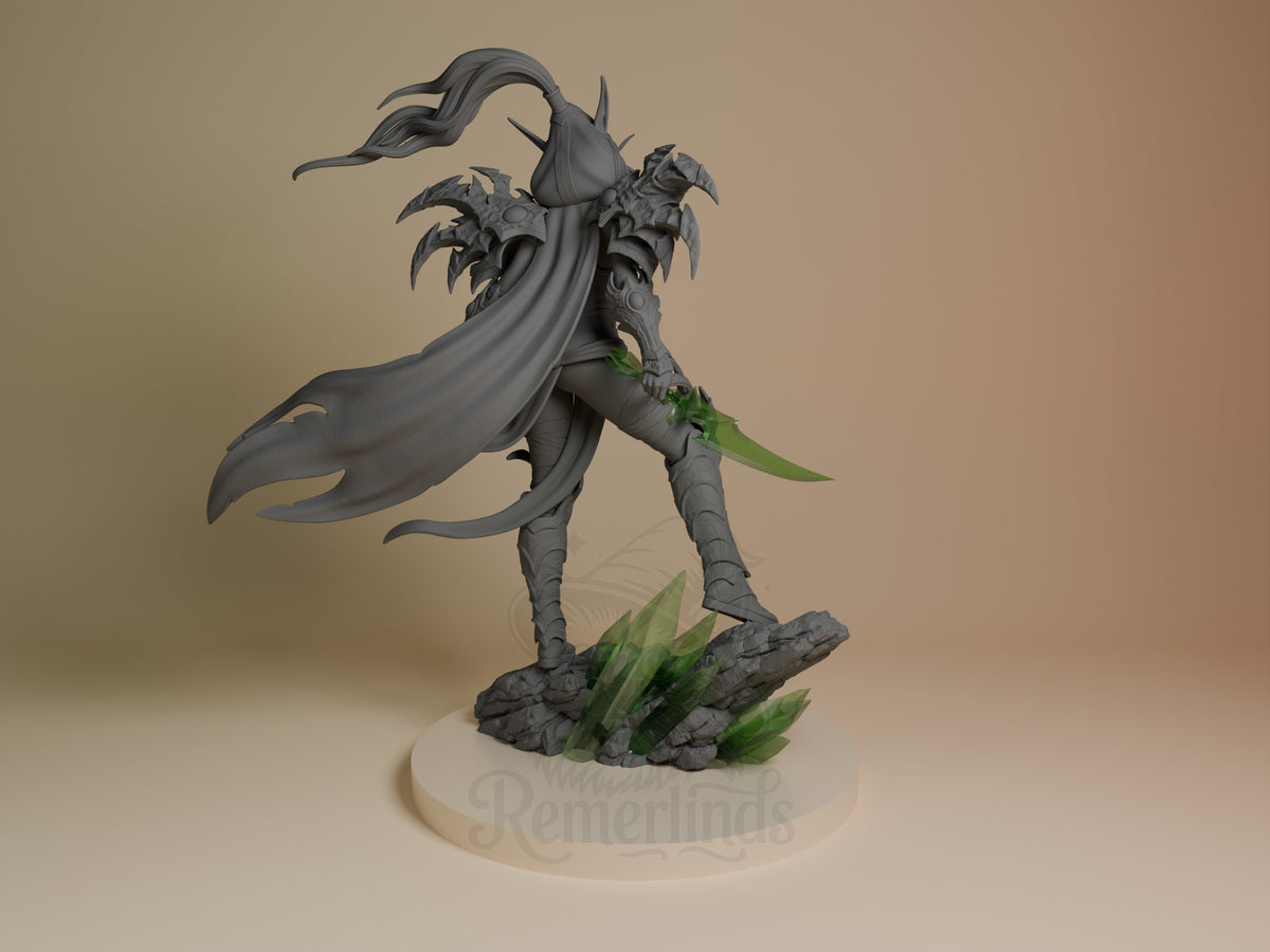 Valeera Sanguinar resin figure shown from back, mid-action pose with flowing cape, dual daggers, horned helm, and green crystal base details.