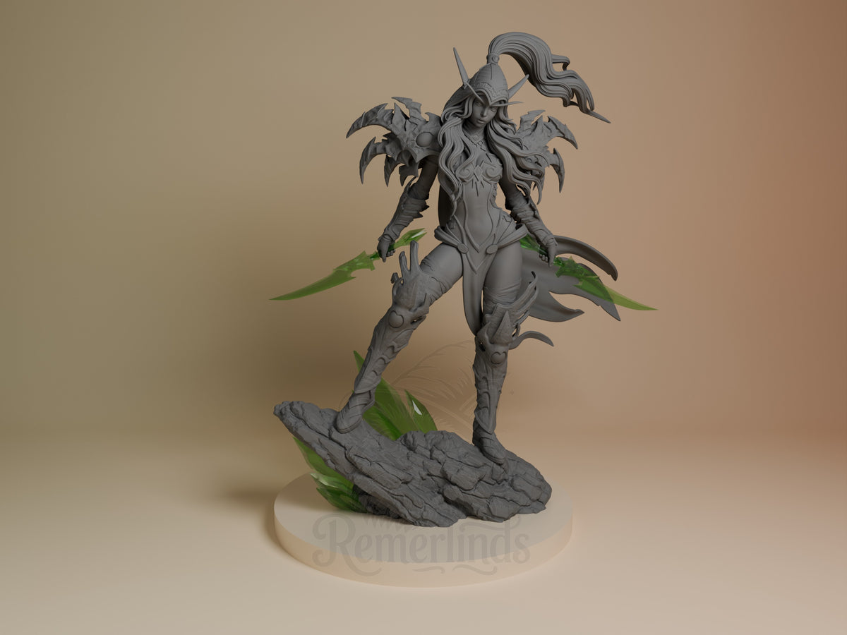 Valeera Sanguinar resin figure from World of Warcraft shown from front, unpainted gray with green-painted foliage base, dynamic posed stance with weapons.