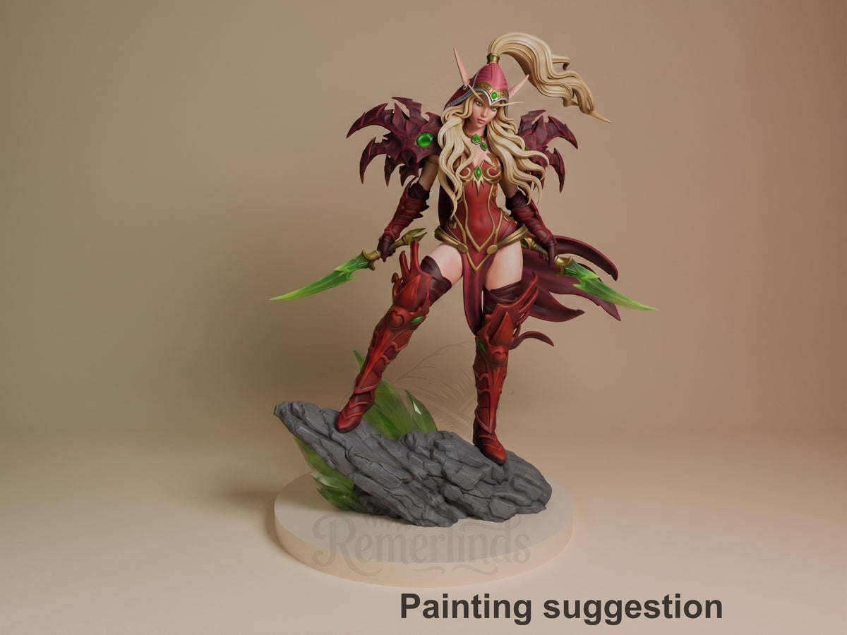 Valeera Sanguinar resin figure painted in red and gold armor with blonde hair, wielding green daggers, posed dynamically on a gray stone base.