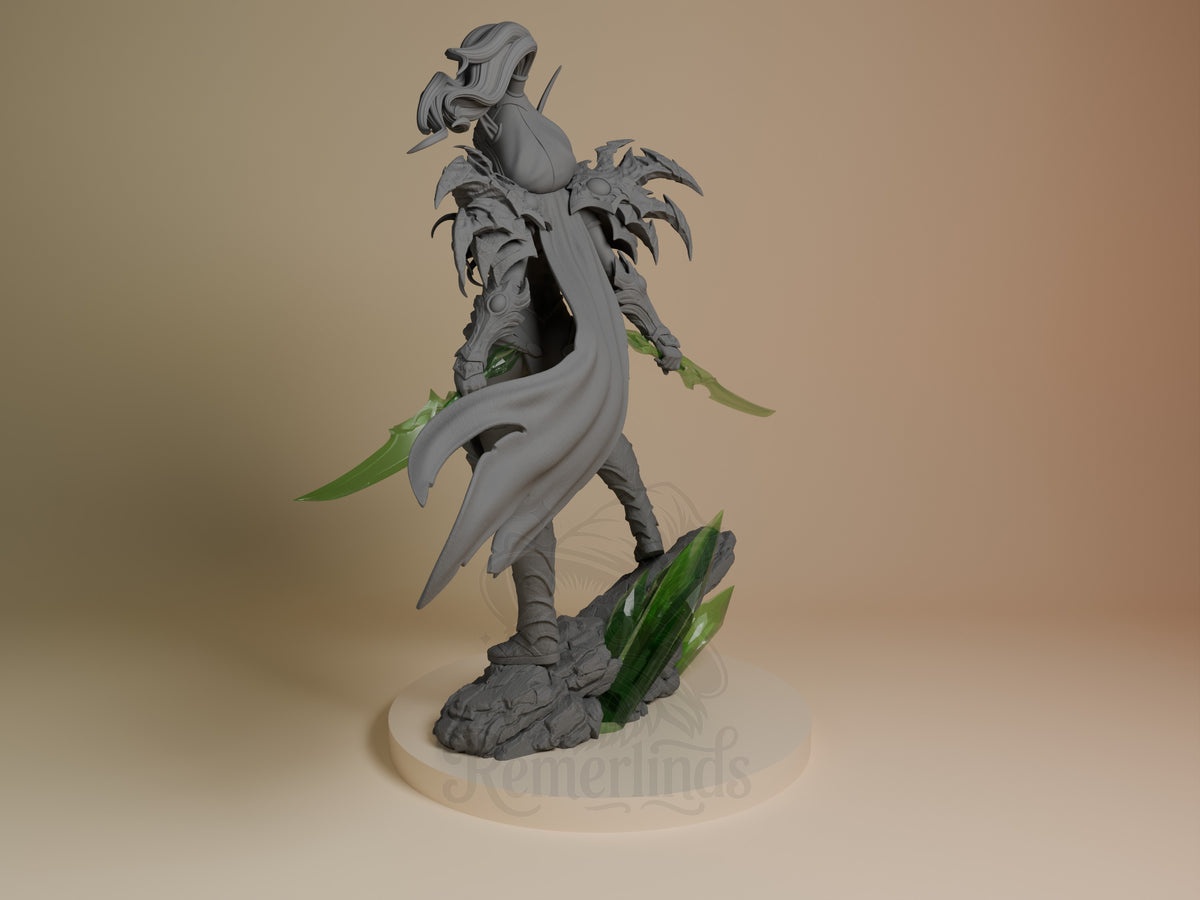 Valeera Sanguinar resin figure from World of Warcraft, shown in left profile pose with dual curved blades, detailed armor with spiked shoulders, green glowing accents, on rocky base with cream circular platform.