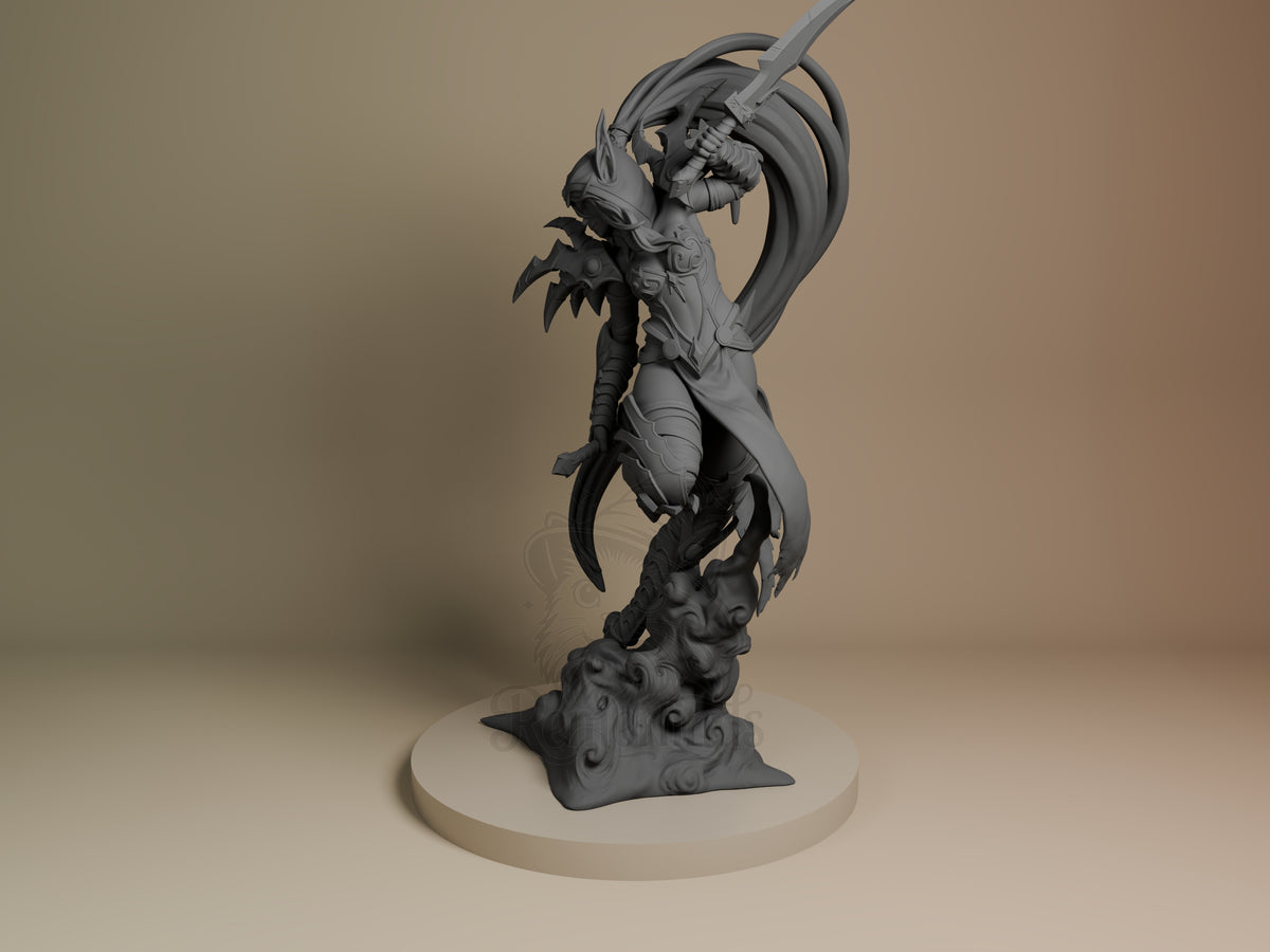 Valeera Sanguinar World of War Realms 3D printed resin figure by Nomnom, angled view showing dimensional details.