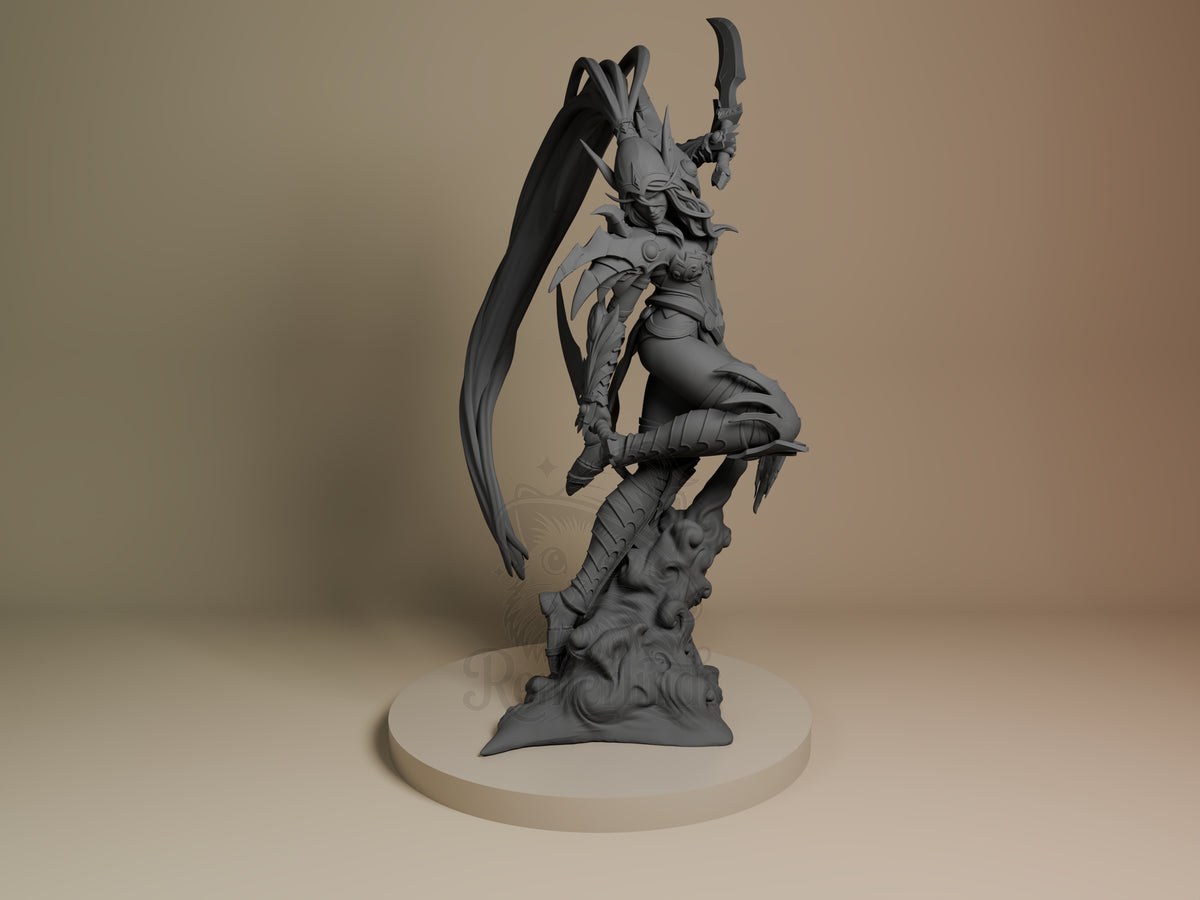 Valeera Sanguinar World of War Realms 3D printed resin figure by Nomnom, unpainted front view. The miniature figure depicts Valeera Sanguinar in a dynamic, mid-action pose balanced on one leg atop a smoky effect base. She wields two curved daggers positioned to convey motion and aggression. The character features detailed armor, elongated hair flowing behind, and sharp fantasy elements enhancing the figure's energetic and fierce appearance.