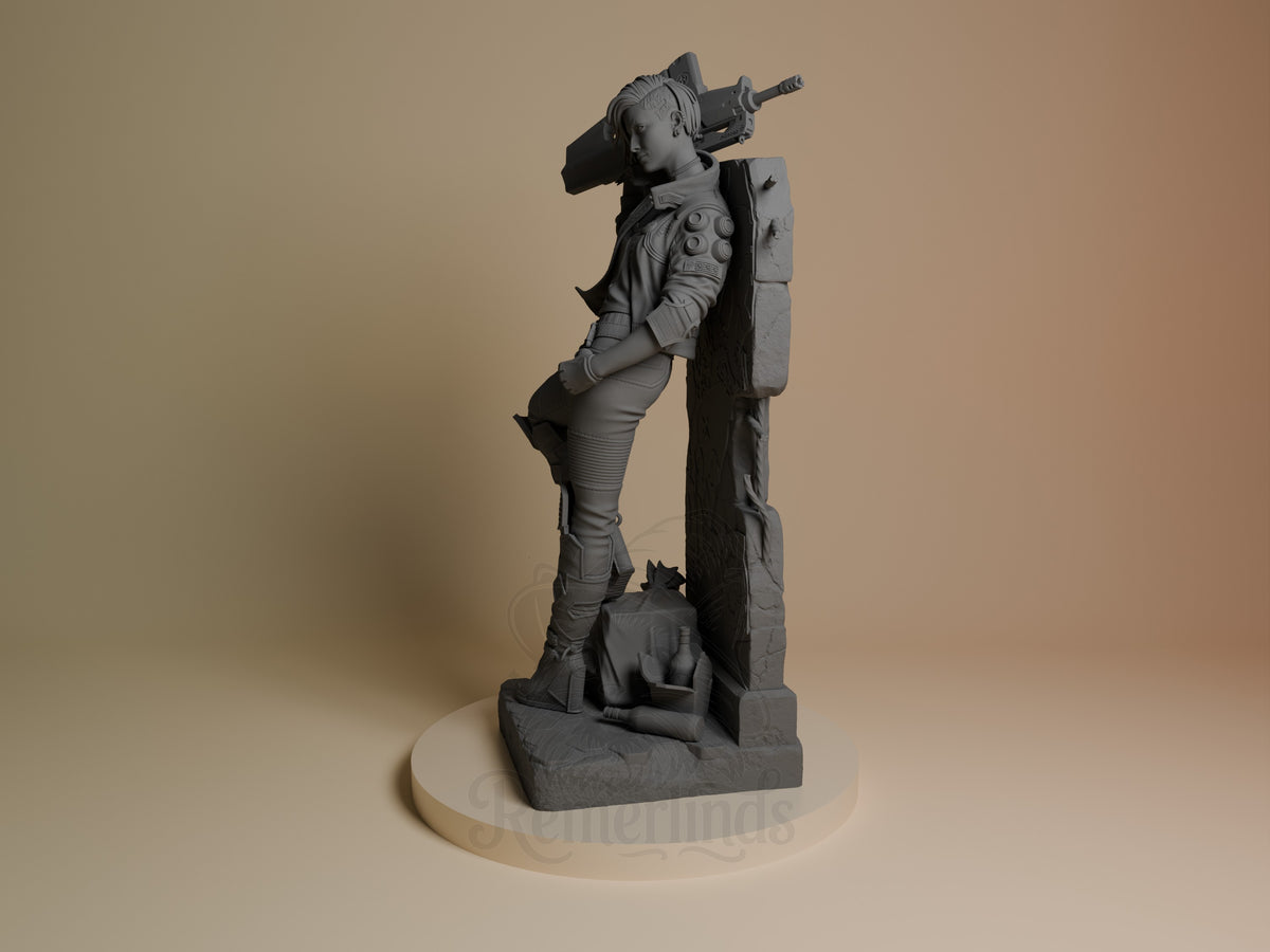 Valerie from Cyberpunk 2077 resin figure shown from an angle, standing beside a sculpted wall base.
