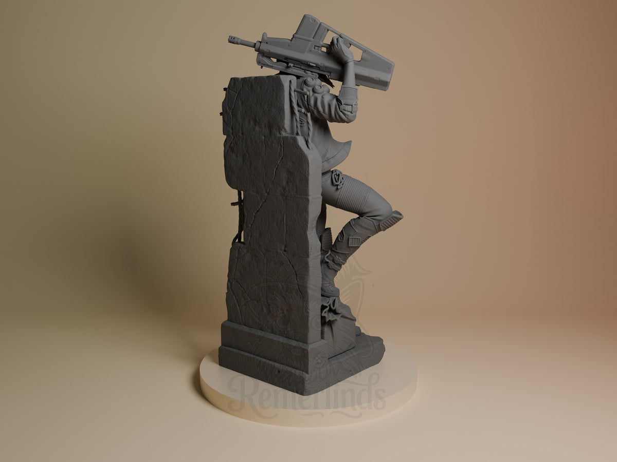 Back view shows Valerie from Cyberpunk 2077, an unpainted resin figure behind a sculpted stone base, rifle raised.