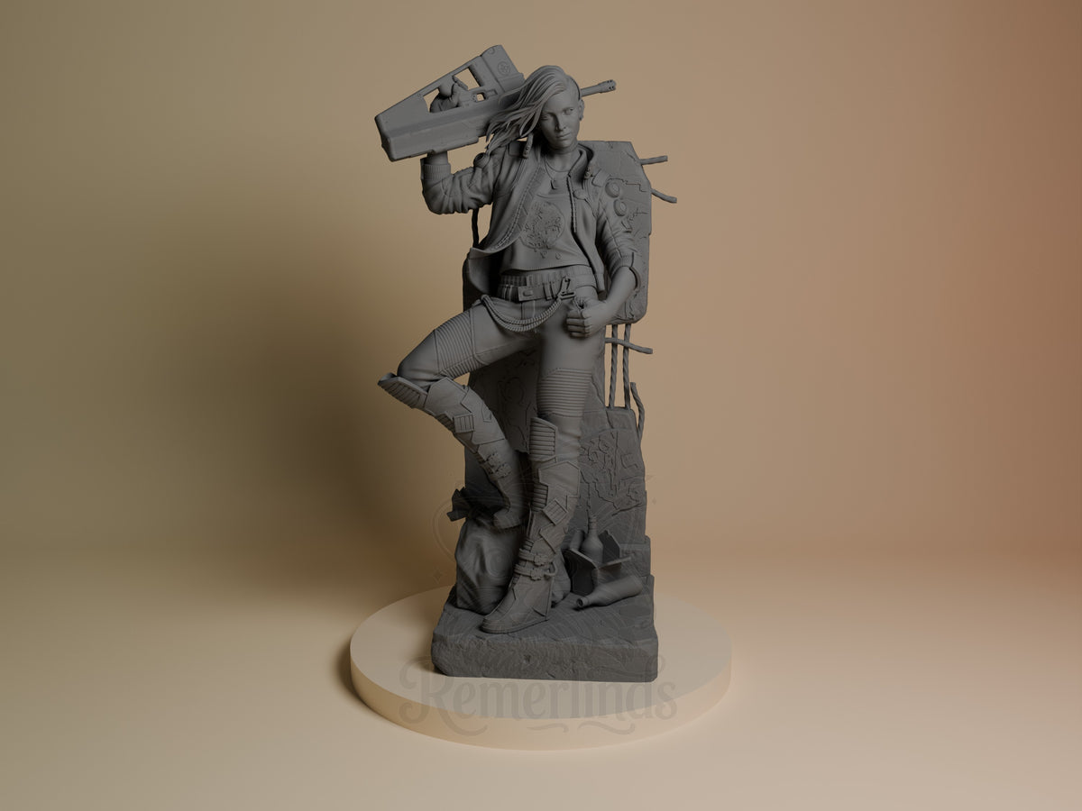Valerie from Cyberpunk 2077 is an unpainted resin figure posed front-facing with a rifle on a sculpted base.