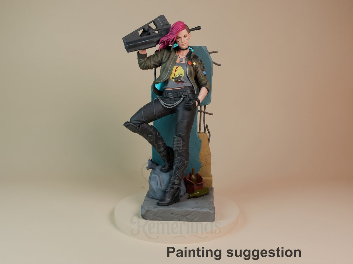 Painted Valerie from Cyberpunk 2077 resin figure poses with a rifle on a sculpted base.