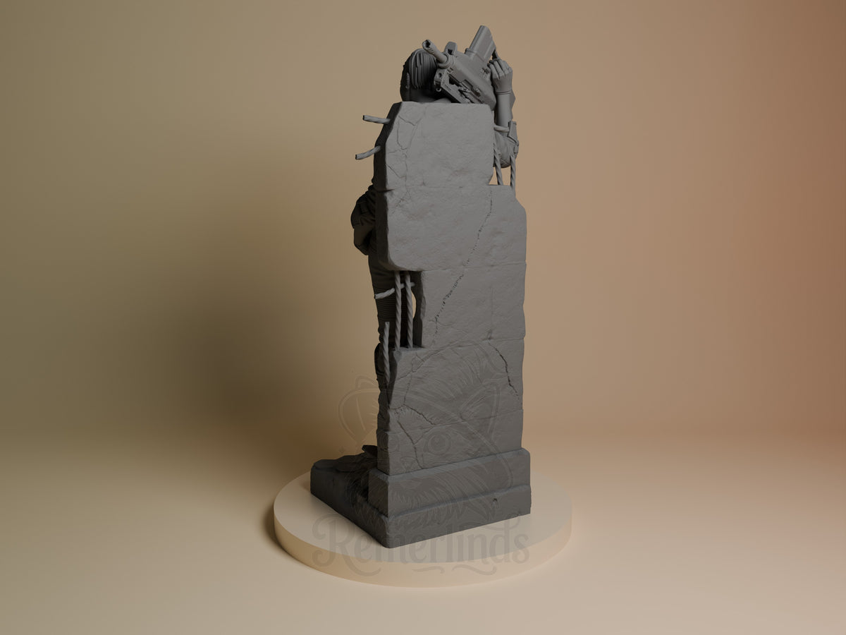 Valerie from Cyberpunk 2077 is an unpainted resin figure seen from behind on a sculpted stone base.