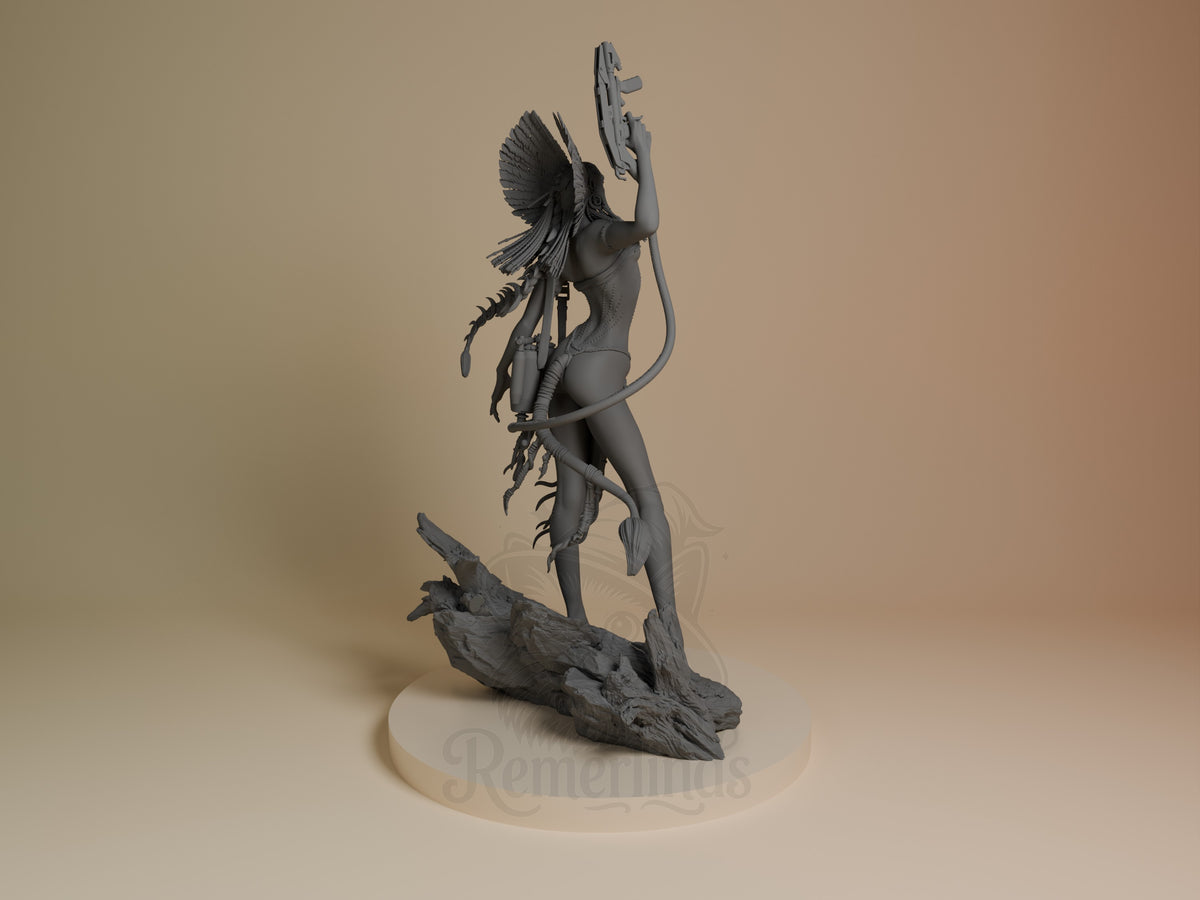 Iron Sentinel from The Last Windshaper is an unpainted resin figure, back view with wings, raised gun, and sculpted base.
