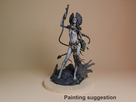 Iron Sentinel resin figure from The Last Windshaper, painted in blue-grey with black accents, standing on dark organic base, holding staff aloft.