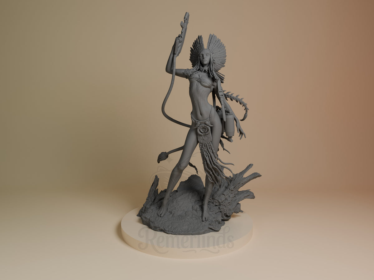 Iron Sentinel, The Last Windshaper's unpainted resin figure, raises a staff on sculpted base.