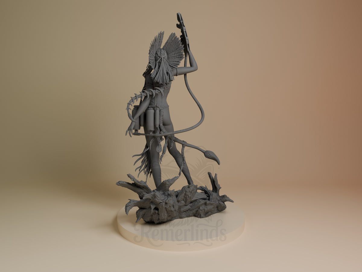 Iron Sentinel from The Last Windshaper is an unpainted resin figure, left-facing with bow raised on a rocky base.