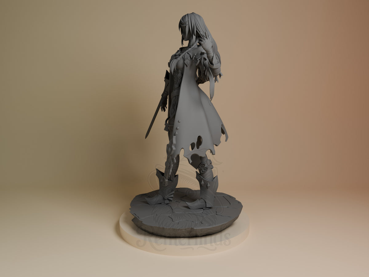 Velvet Crowe resin figure from Tales of Berseria, shown in rear angle view holding sword, unpainted gray finish on textured base.