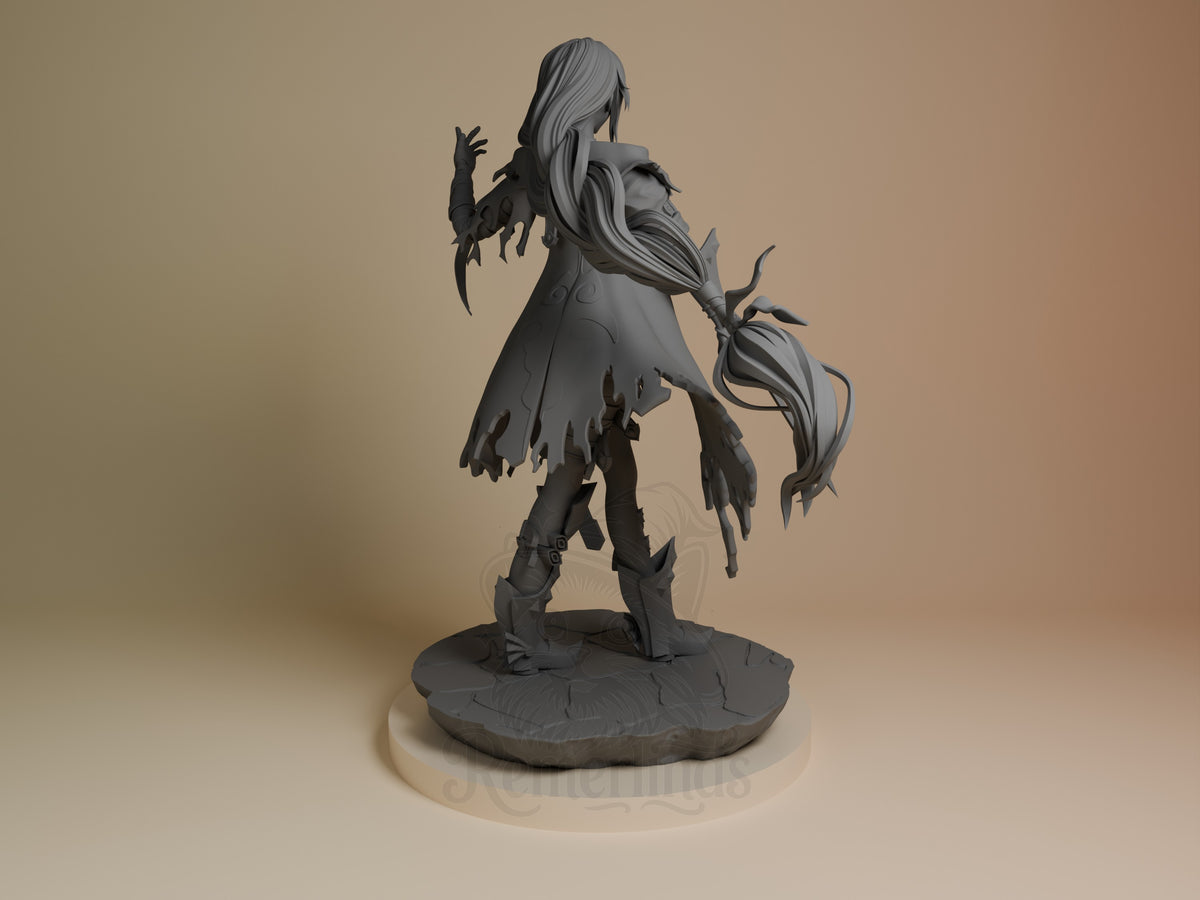 Velvet Crowe resin figure shown from behind, long flowing hair, tattered dress, clawed hands raised, unpainted gray resin, circular base.