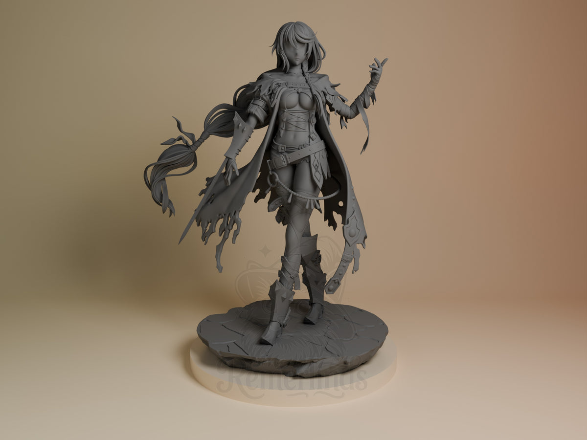 Velvet Crowe resin figure from Tales of Berseria in unpainted gray, shown front-facing in dynamic pose with raised arm on round base.