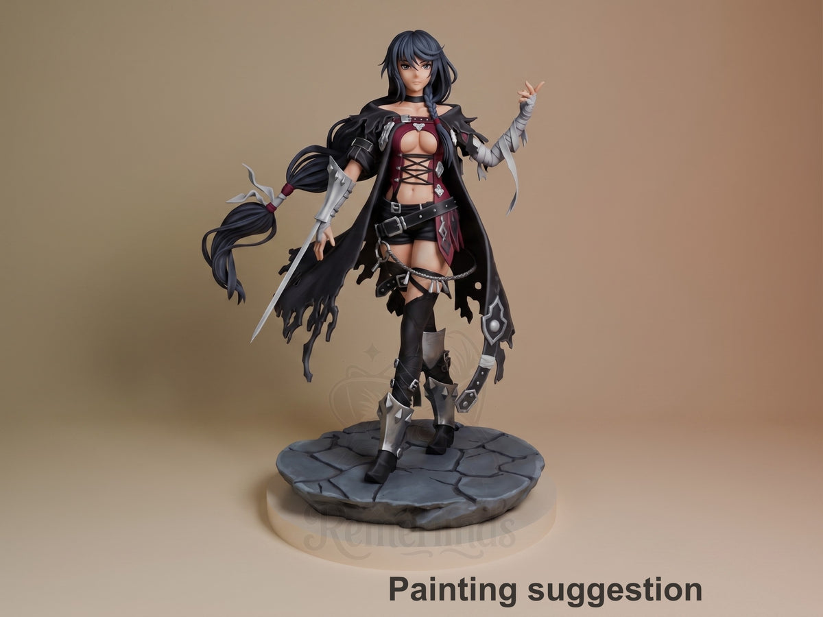 Velvet Crowe resin figure from Tales of Berseria in dynamic pose on textured base, fully painted with black coat, burgundy armor, and dual weapons.