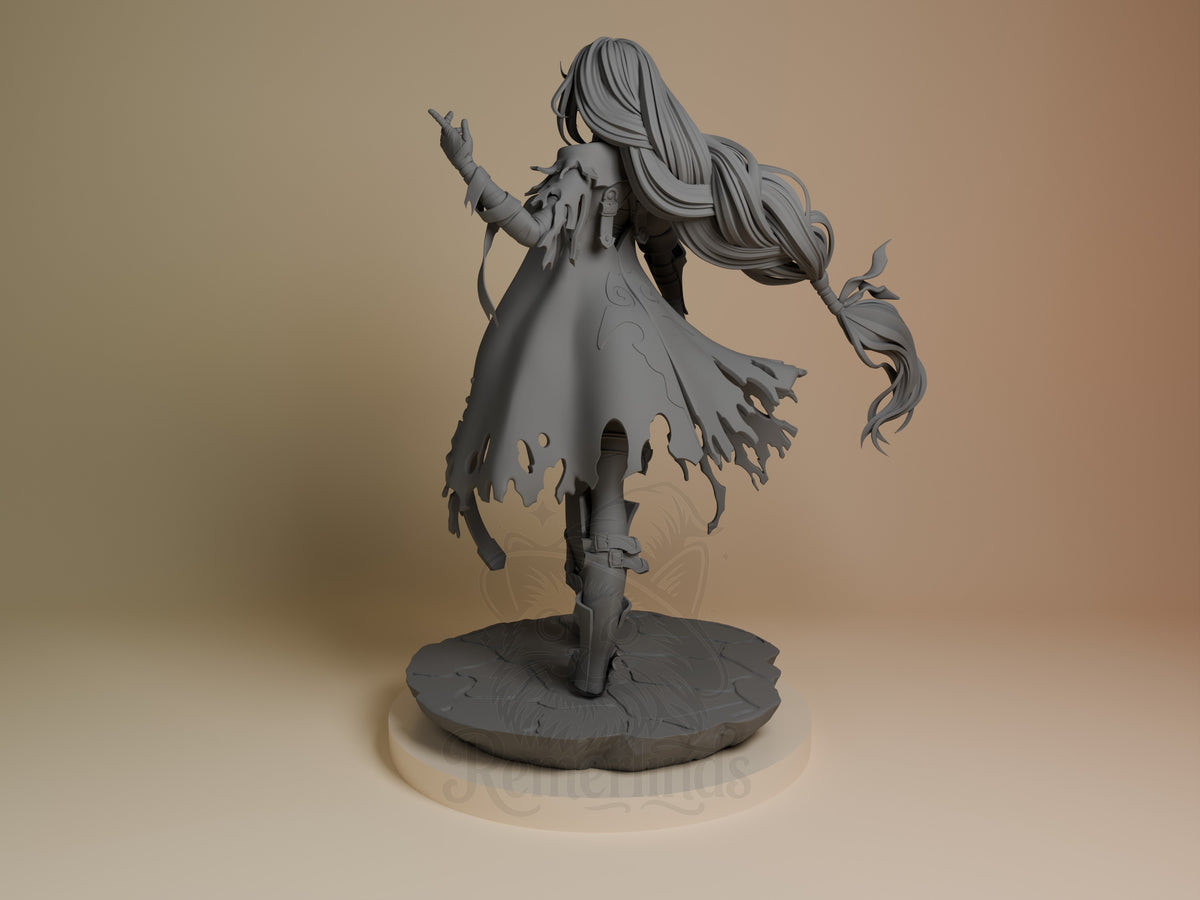 Velvet Crowe resin figure from Tales of Berseria shown from left angle, unpainted gray with flowing hair and tattered cape, posed on circular base.