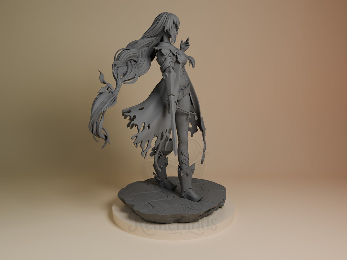 Velvet Crowe resin figure from Tales of Berseria, shown in right profile with long flowing hair, tattered coat, standing pose on textured base.