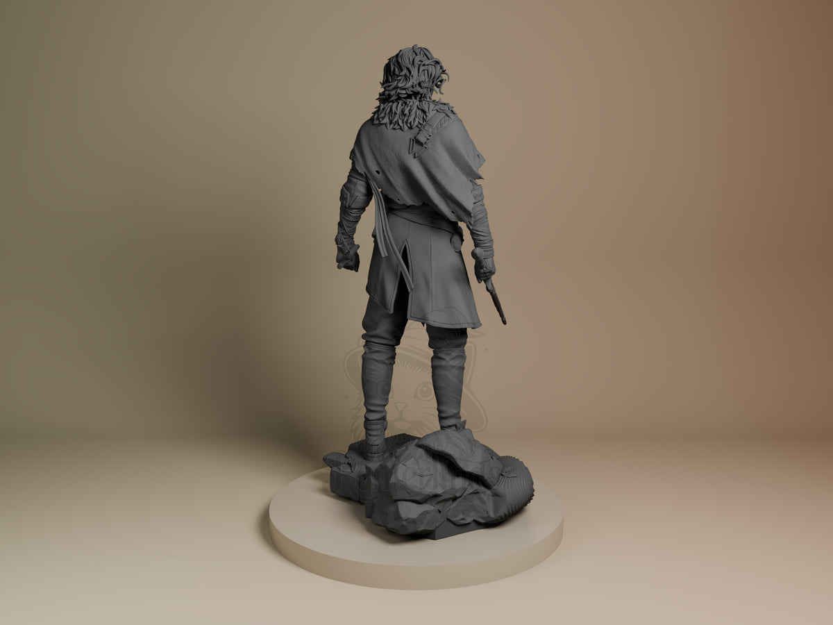 Verso from Expedition 33 resin figure shown from behind, standing on rocky base, unpainted gray with detailed beard and layered clothing.