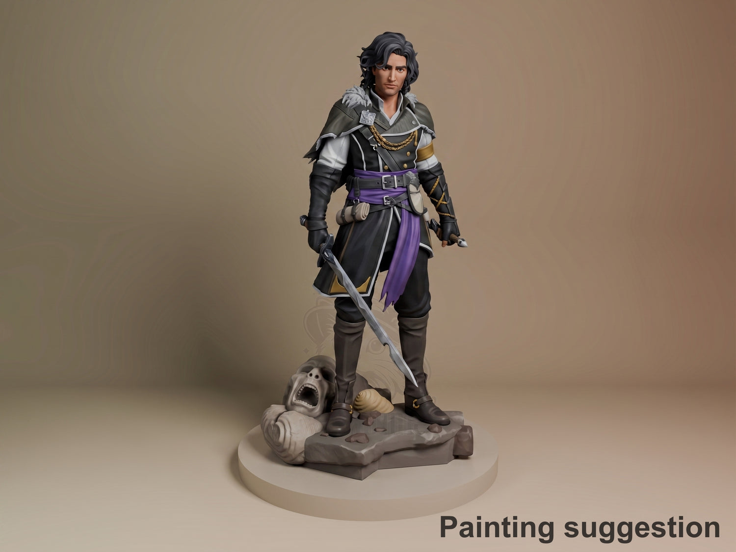 Verso from Expedition 33 resin figure standing with sword, painted in black and purple outfit with gray stone base featuring skull detail.