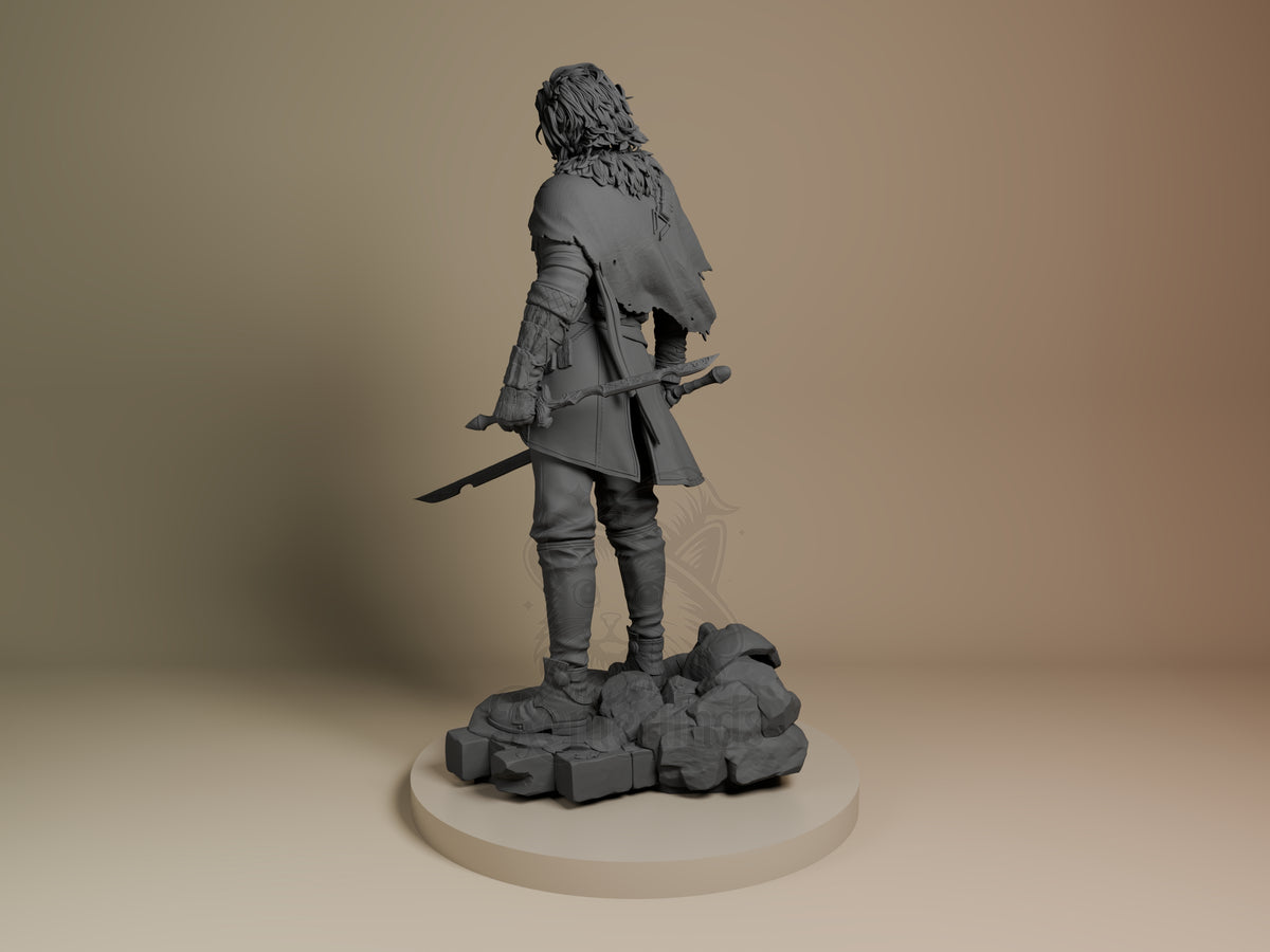 Verso from Expedition 33 resin figure shown from the back, standing on rocky base with sword and cloak, unpainted gray finish.