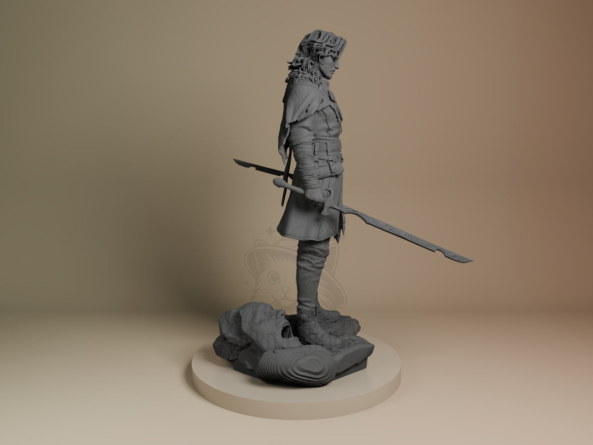 Verso from Expedition 33 resin figure shown in right profile, standing with sword, unpainted gray finish on rocky base.
