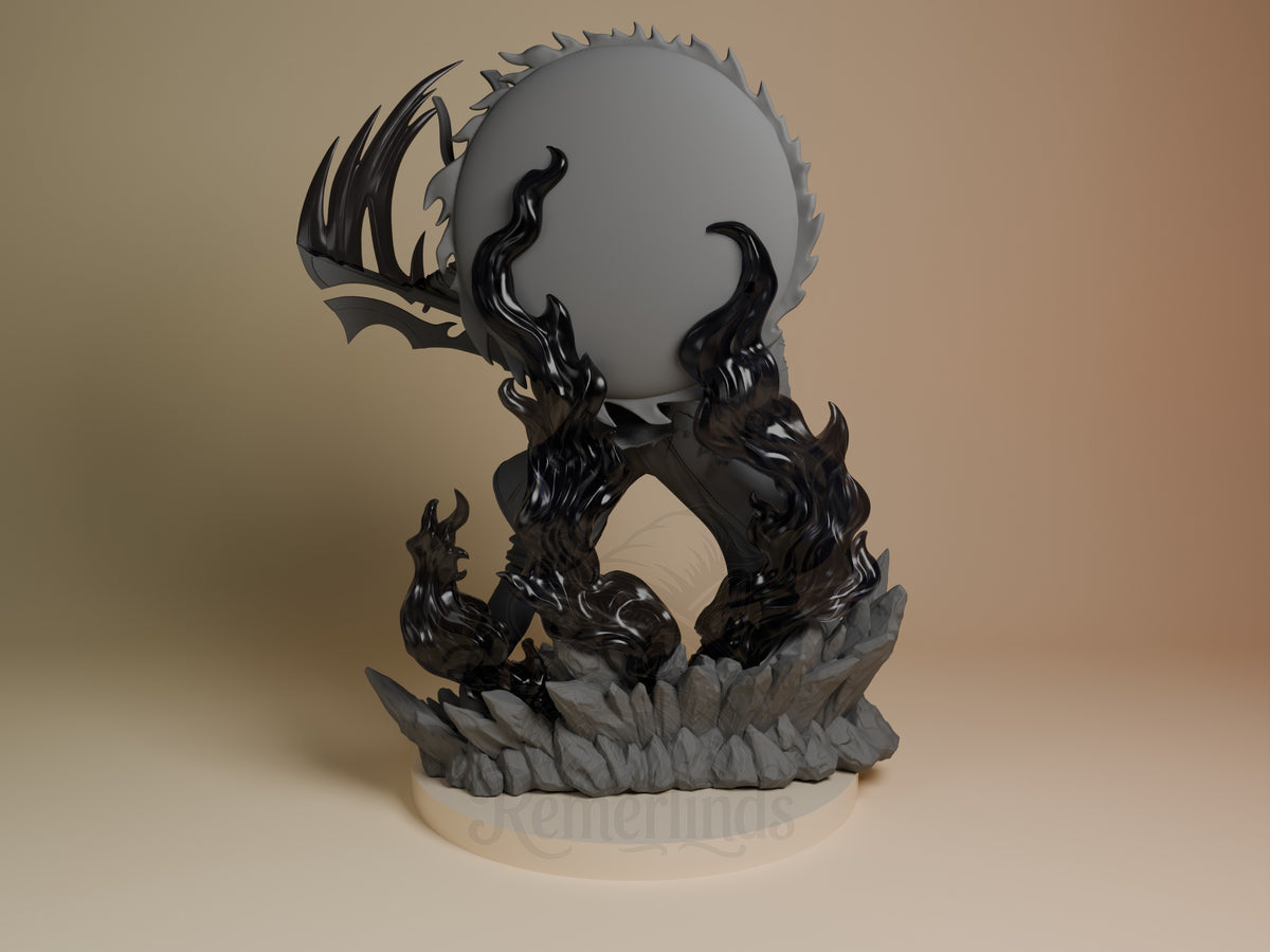 Back view of Verso from Expedition 33, a resin figure with painted dark flames and unpainted gray parts.