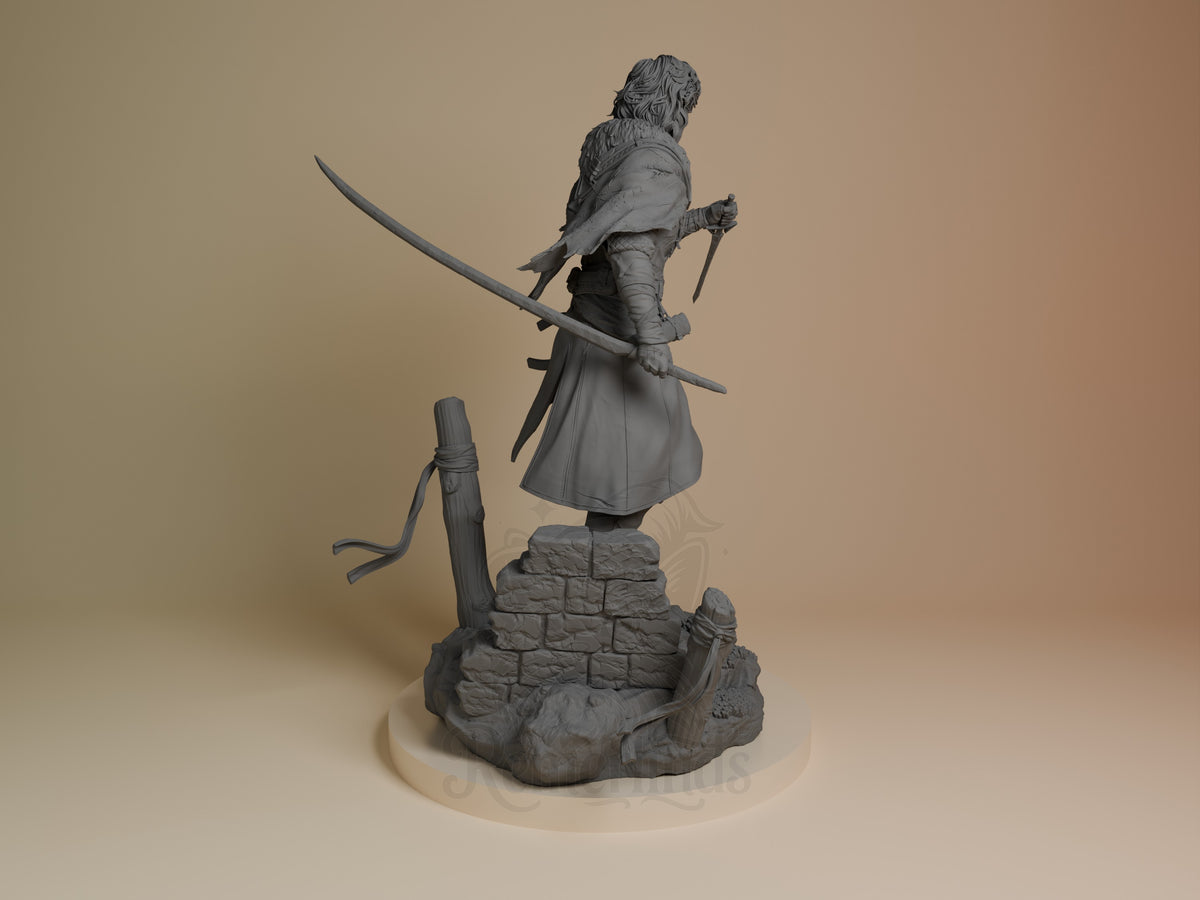 Back view of Verso from Expedition 33, unpainted resin figure with swords on a sculpted base.
