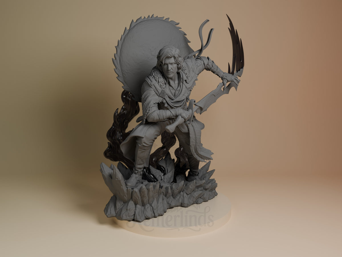 Front view of Verso from Expedition 33, an unpainted resin figure with sword and rocky base.