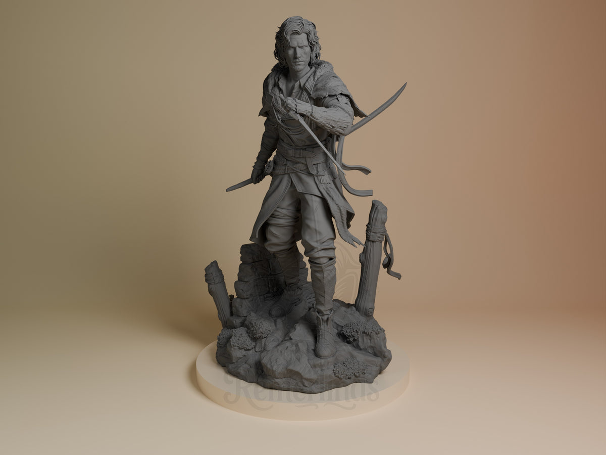 Unpainted resin figure of Verso from Expedition 33 stands with a bow on a rocky base.