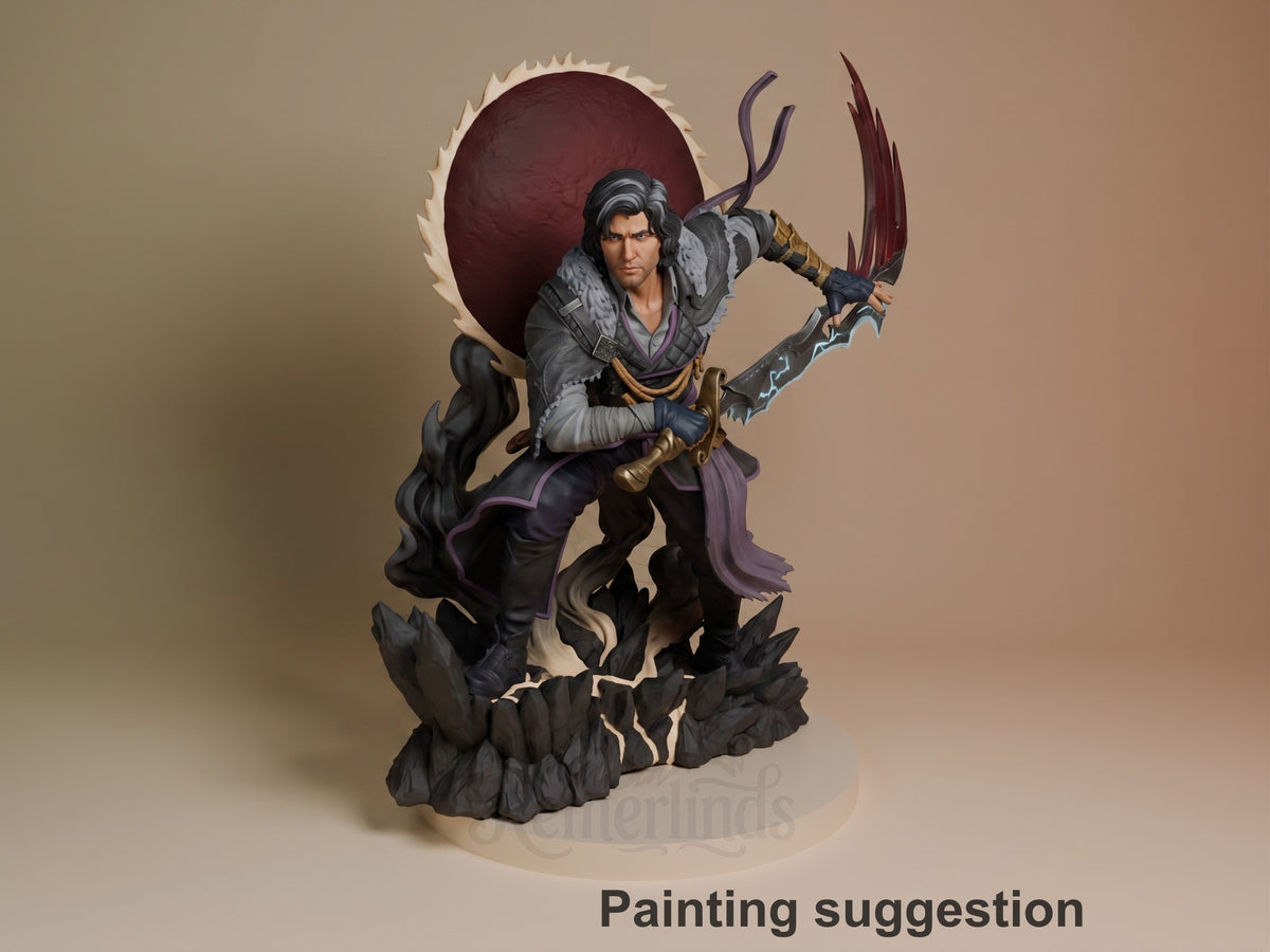 Painted Verso from Expedition 33 resin figure crouches with a sword on a rocky base.