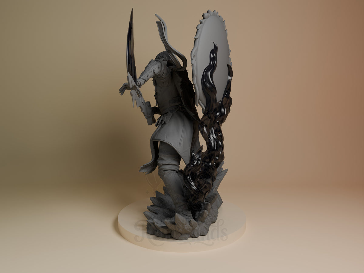 Left-angle view shows Verso from Expedition 33, a partly painted resin figure with blade, shield, and sculpted base.