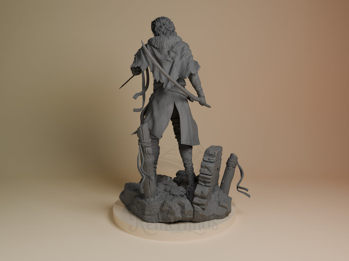 Verso from Expedition 33 is shown from behind as an unpainted resin figure with sword and rocky base.