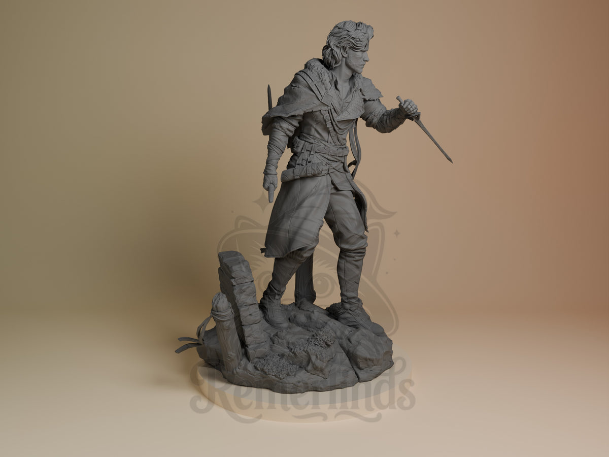 Verso from Expedition 33 is an unpainted resin figure, right-facing with sword on a rocky base.