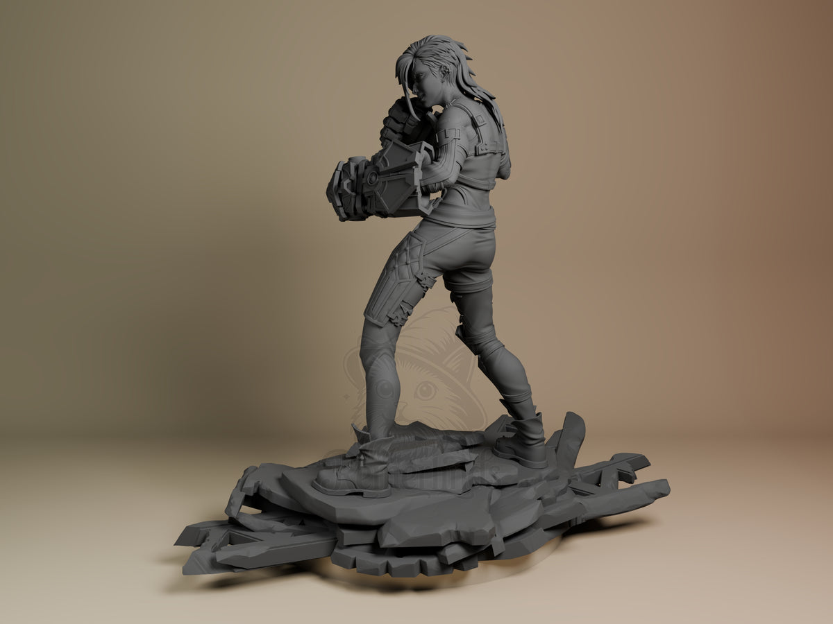 Vi from Arcane resin figure in dynamic combat stance, unpainted gray, side angle view showing detailed armor and gauntlets on destructed base.
