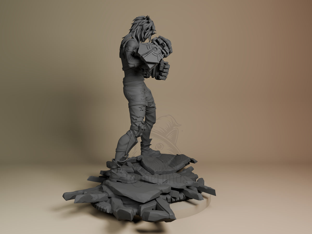 Vi from Arcane, 3D printed resin figure shown from behind, holding gauntlets, standing on rocky base, unpainted gray resin.