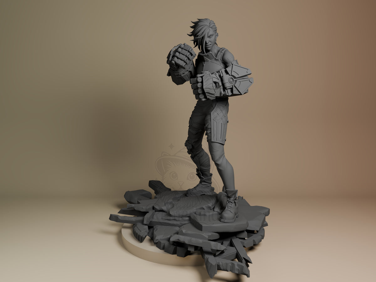 Vi from Arcane resin figure standing front-facing on rocky base, wearing armor gauntlets, unpainted gray resin with detailed sculpting visible.