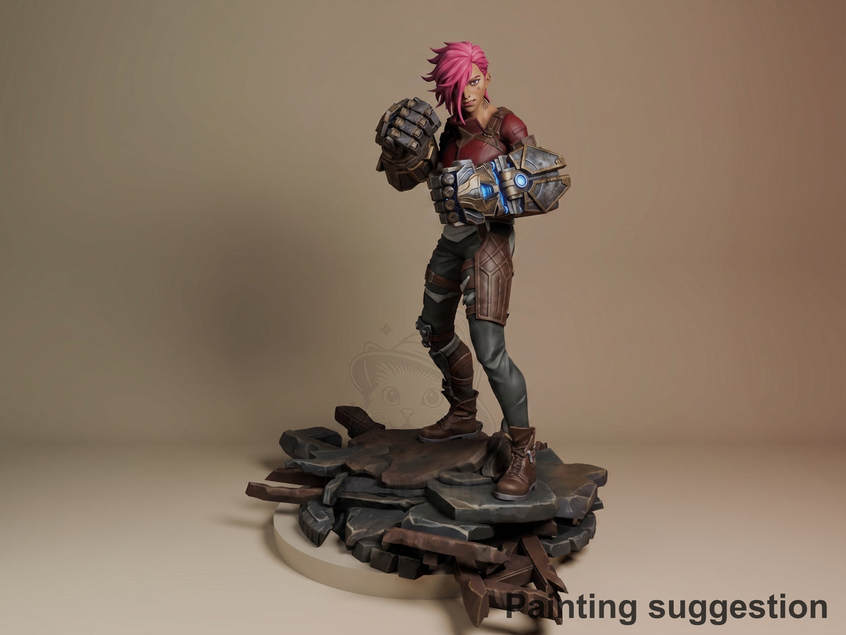 Vi from Arcane resin figure painted in pink, burgundy, and black, posed with gauntlets on rocky base against neutral backdrop.