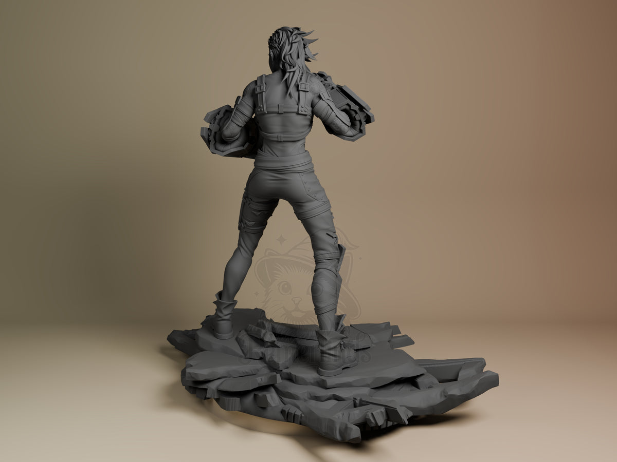 Vi from Arcane stands in dynamic pose on rocky base, viewed from rear left angle. Unpainted gray resin figure shows detailed armor and hair sculpting.