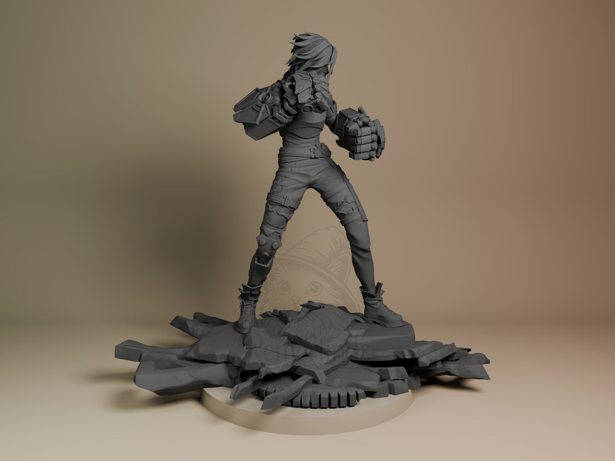 Vi from Arcane resin figure shown from right side, standing in dynamic pose with gauntlets, unpainted gray resin on debris base.
