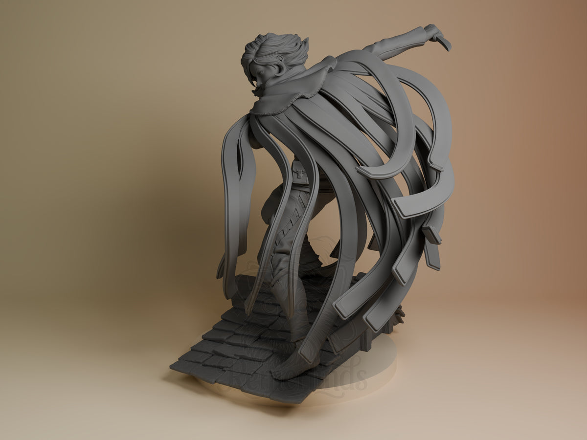 Vin from Mistborn is an unpainted resin figure, posed above a sculpted stair base with ribbons.