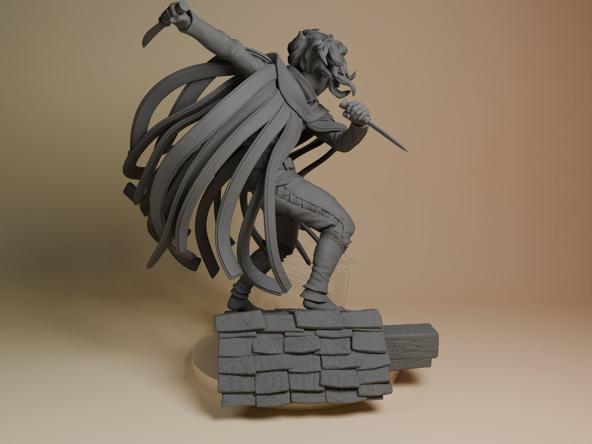 Vin from Mistborn shown from behind as an unpainted resin figure lunging above a brick base.